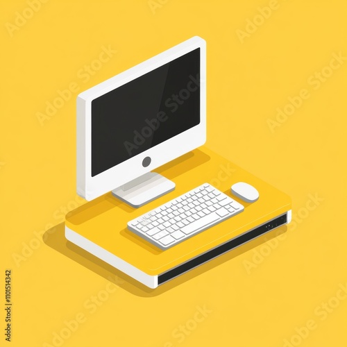 Modern Computer Setup with Isometric Design on Yellow Background Featuring Monitor, Keyboard, and Mouse Ideal for Technology and Office Themes