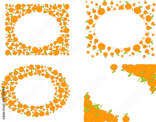  mandarin orange oval frame set. Simple illustration of a citrus and cross section. Seasonal fruit decoration. Vector, graphic logo text material.