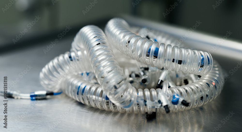 Close-up of Coiled Transparent Tubing with Numbered Connectors in Industrial Setting Close-up of Coiled Transparent Tubing with Numbered Connectors in Industrial Setting