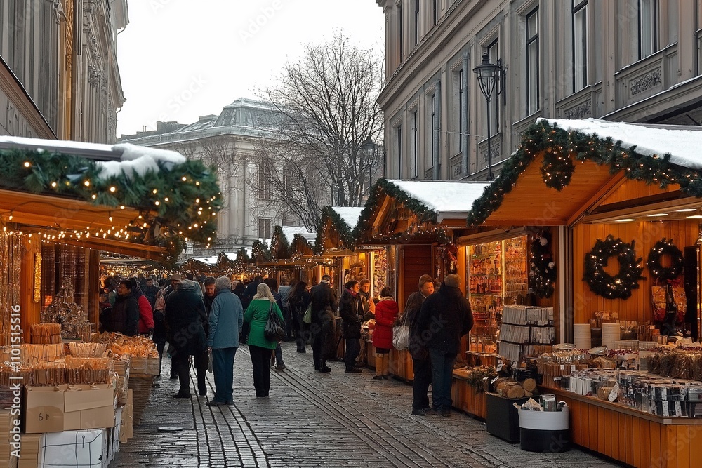 traditional Christmas market with beautifully lit stalls, festive wreaths, and snow traditional Christmas market with beautifully lit stalls, festive wreaths, and snow
