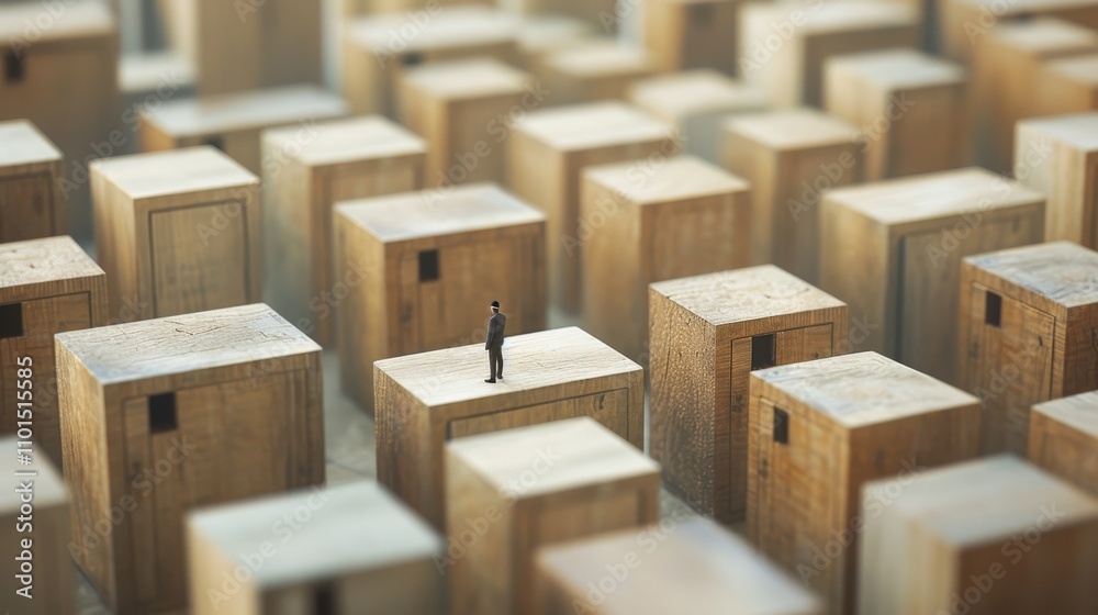 A miniature man stands atop a series of large wooden blocks arranged in a grid-like pattern. The surreal composition creates a sense of isolation and contemplation, evoking themes of choice and