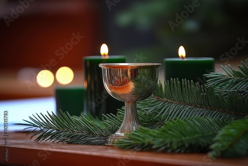 chalice surrounded by Christmas candles and evergreen branches