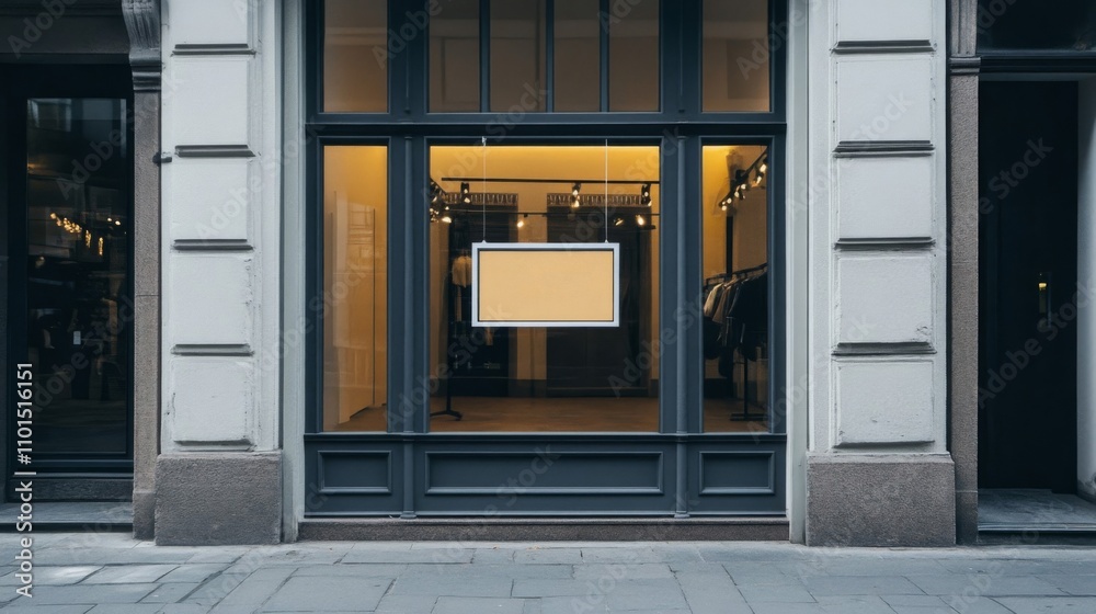 Empty Storefront with a Blank Sign in a City Setting Empty Storefront with a Blank Sign in a City Setting