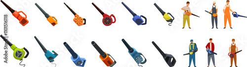 Blower leaves icons set. Gardeners are employing leaf blowers for efficient garden cleaning and maintenance
