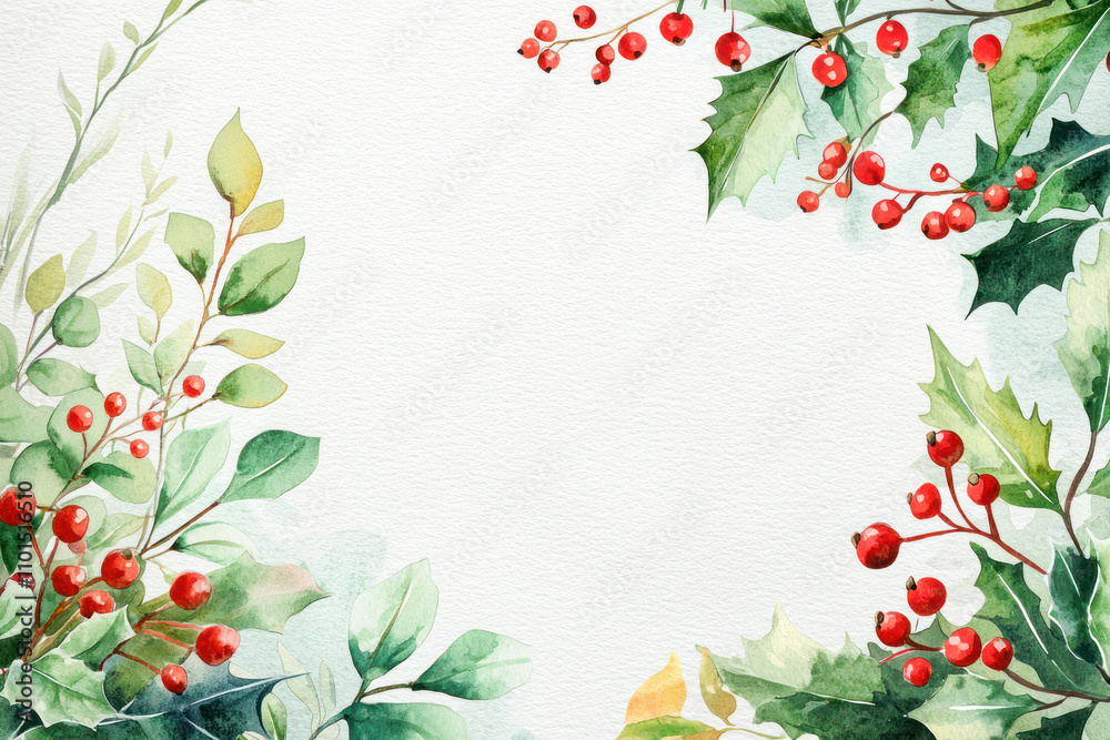 Fototapeta premium Watercolor frame of holly branches with red berries and green leaves on a white background with copy space.