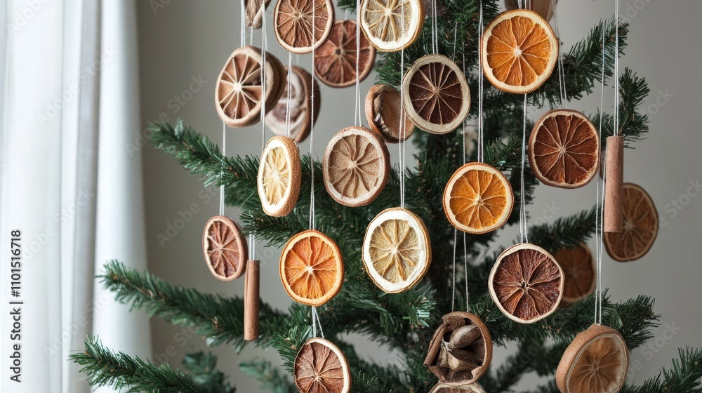 Dried Orange Slices and Cinnamon Ornaments Decorate Christmas Tree Dried Orange Slices and Cinnamon Ornaments Decorate Christmas Tree