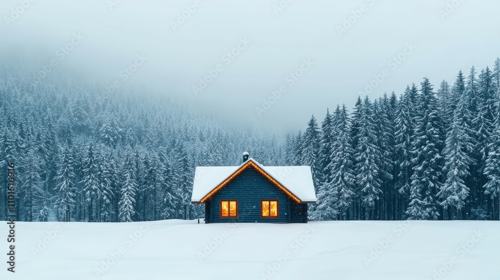 Cozy winter cabin surrounded by snowy trees in tranquil landscape with foggy mountains, perfect for holiday and travel themes Cozy winter cabin surrounded by snowy trees in tranquil landscape with foggy mountains, perfect for holiday and travel themes