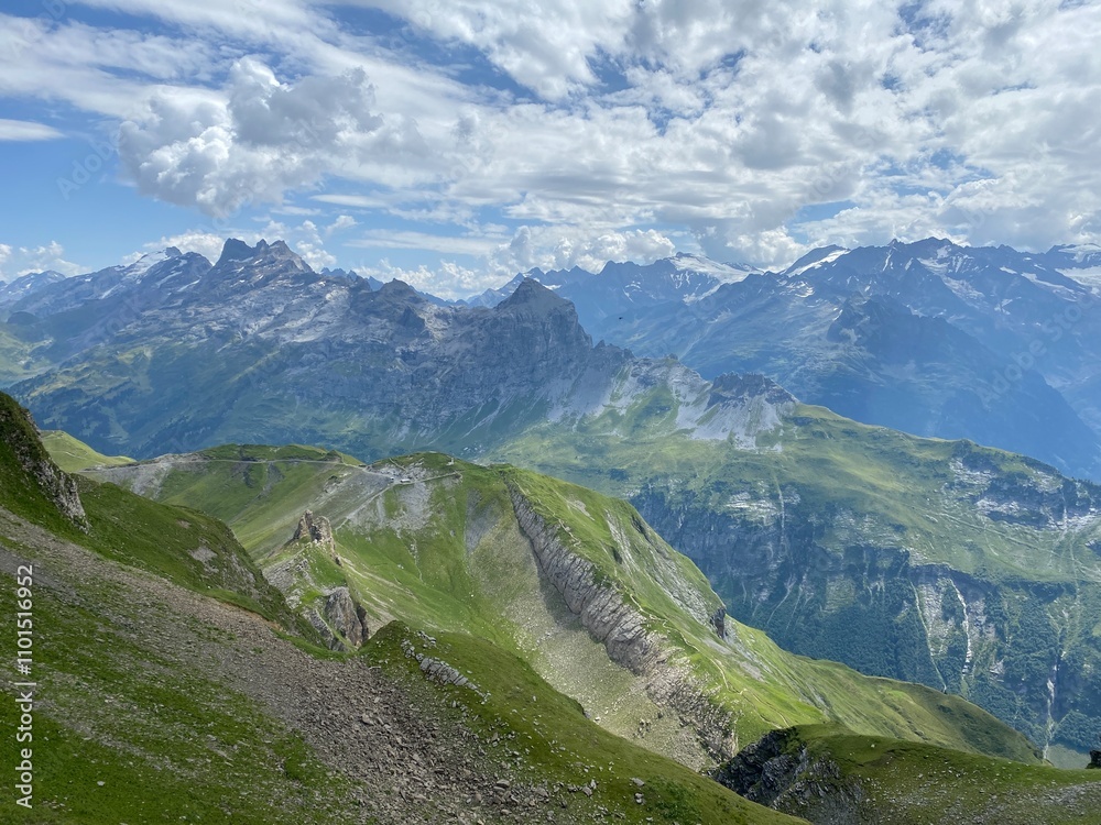 Fototapeta premium View of the Urner Alpen from the peaks above Lake Melchsee or Melch Lake in the Uri Alps mountain massif, Kerns - Canton of Obwald, Switzerland (Kanton Obwalden, Schweiz)