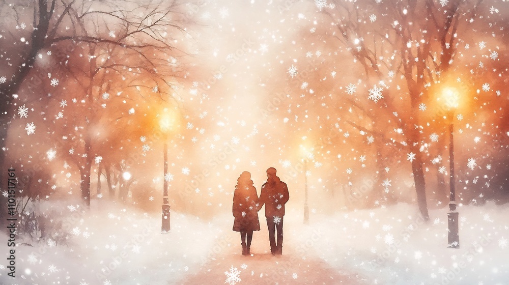 Fototapeta premium Romantic Couple in Snowy Park Proposal Surrounded by Softly Falling Snowflakes