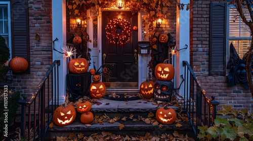 A festive Halloween display with carved pumpkins and spooky decorations on a porch photo