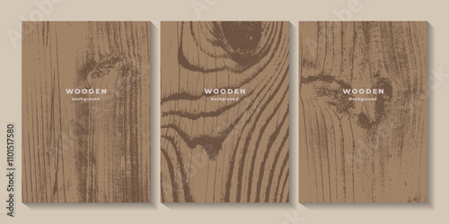 Set of wooden textures. Eco concept background with wood annual rings texture. Banner with tree ring pattern. Stamp of tree trunk in section. Templates with wooden concentric circles. Wood grain