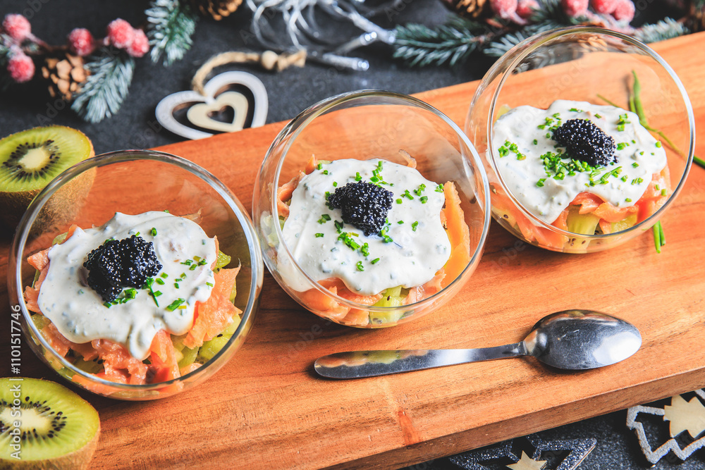 Kiwi salmon cream cheese and lumpfish roe verrine in studio