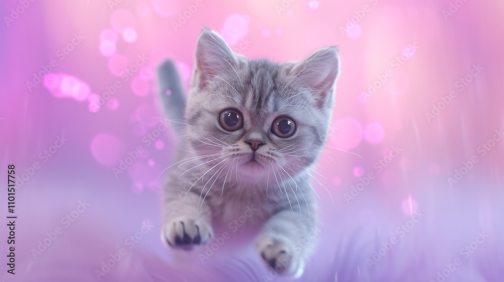 A curious kitten floats in a soft, dreamy pastel pink and purple environment. Its wide eyes and gentle pose create an endearing scene, inviting a sense of wonder and playfulness, perfect for various A curious kitten floats in a soft, dreamy pastel pink and purple environment. Its wide eyes and gentle pose create an endearing scene, inviting a sense of wonder and playfulness, perfect for various