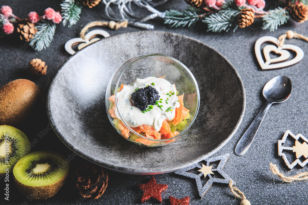 Kiwi salmon cream cheese and lumpfish roe verrine in studio