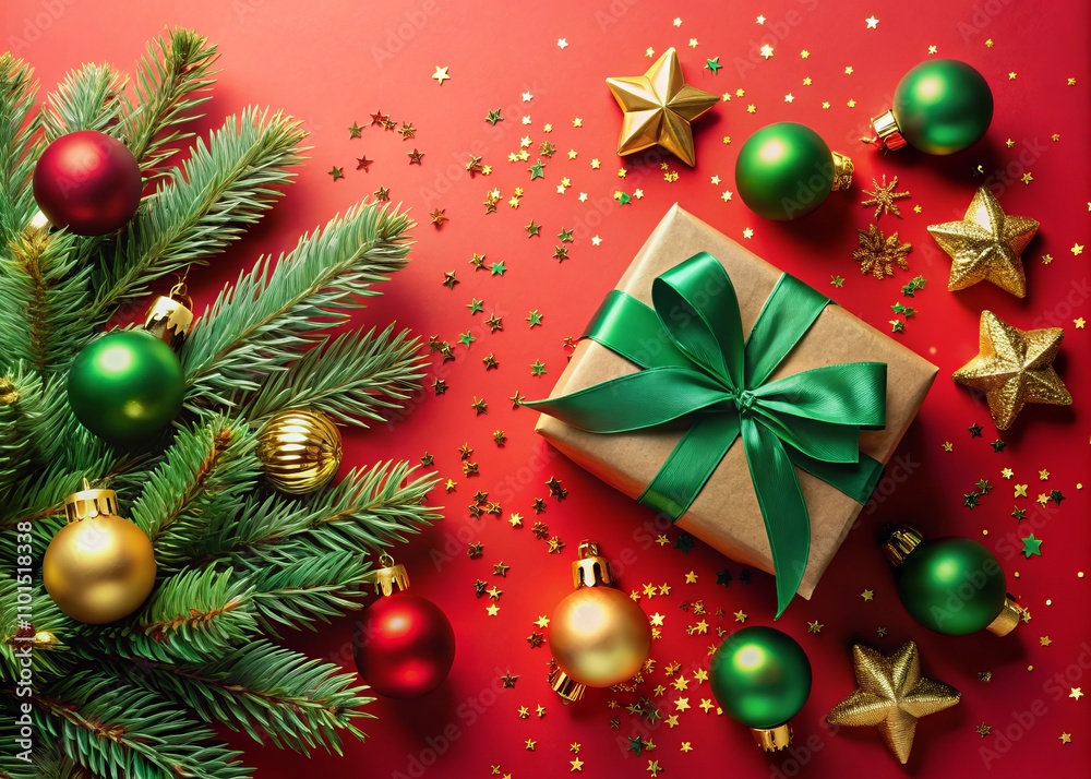Festive Christmas Decor: Top View of Pine Branch with Green, Gold, and Red Baubles, Star Ornament, Big Gift Box, Ribbon Bow, and Colorful Confetti on Red Background Festive Christmas Decor: Top View of Pine Branch with Green, Gold, and Red Baubles, Star Ornament, Big Gift Box, Ribbon Bow, and Colorful Confetti on Red Background
