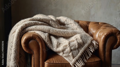 Luxurious textiles: Close-up of a soft cashmere throw neatly folded on a leather chair photo