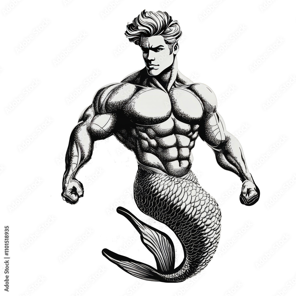 Fototapeta premium muscular merman with a vintage style, featuring strong physique and retro hairstyle sketch engraving