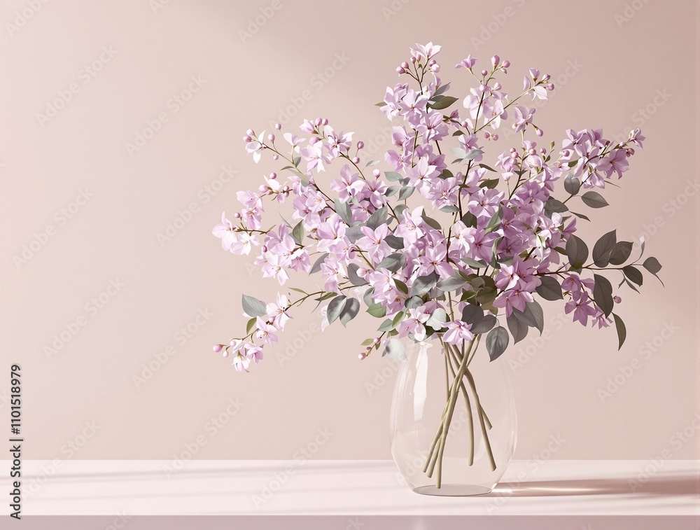 Softly lit purple flowers and leaves arranged in a vase or still life setting with a neutral background, still life photography, colorful flowers, home decor inspiration, purple flowers, vases Softly lit purple flowers and leaves arranged in a vase or still life setting with a neutral background, still life photography, colorful flowers, home decor inspiration, purple flowers, vases