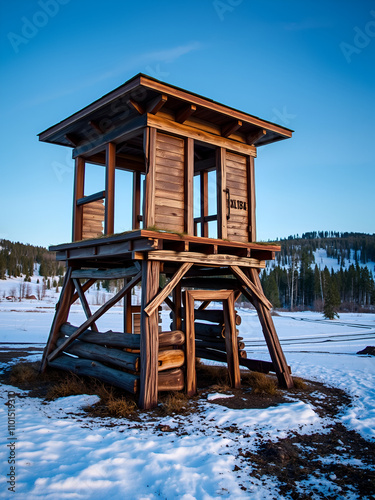 Ruins of wooden prison observation tower of labour camp GULAG in Verkhoyansk Range in Yakutia during cold winter day, Russia. The construction of the Kolyma highway aka Road of bones photo