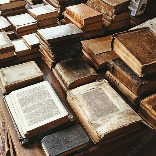 make me an evolution of print from scrolls to manuscripts to book bound pineted books , woodblocks, and digital books like kindle in one table in photo journalistic style photo