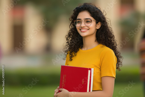 Obraz na płótnie young indian female college student holding text book w salonie