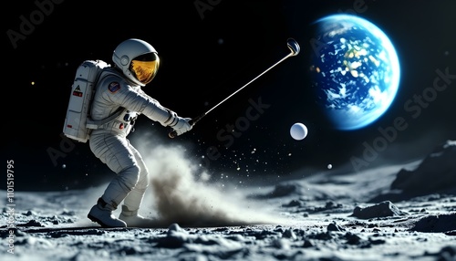 Astronaut Playing Golf on the Moon with Earth in the Background