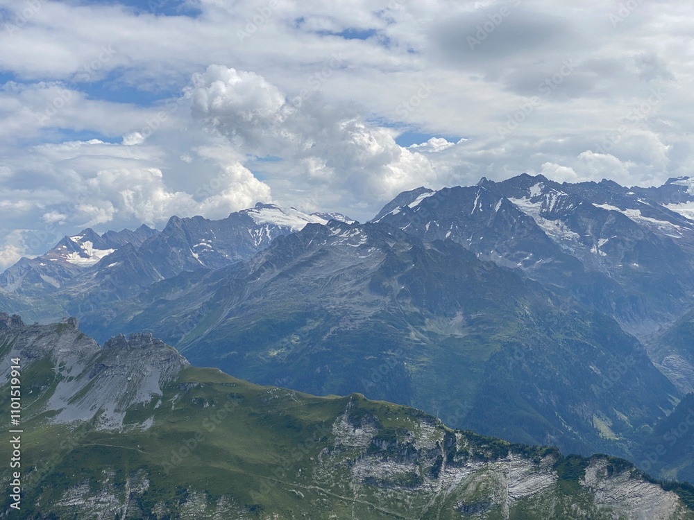 View of the Urner Alpen from the peaks above Lake Melchsee or Melch Lake in the Uri Alps mountain massif, Kerns - Canton of Obwald, Switzerland (Kanton Obwalden, Schweiz) View of the Urner Alpen from the peaks above Lake Melchsee or Melch Lake in the Uri Alps mountain massif, Kerns - Canton of Obwald, Switzerland (Kanton Obwalden, Schweiz)