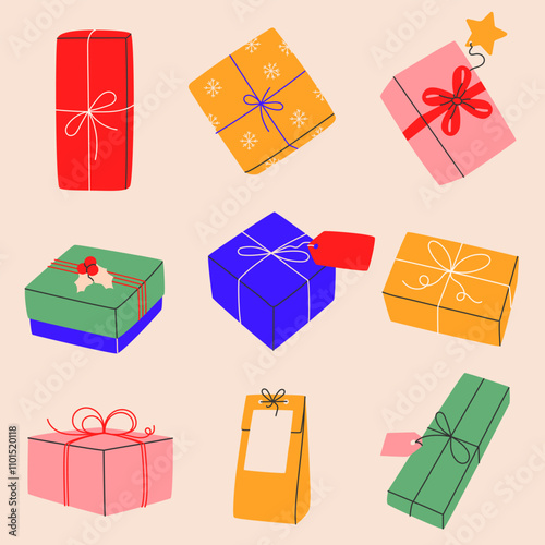 Eco-friendly gift packages set.Boxes with craft paper and empty tages.Holiday presents collection decorated with ribbon bow.Christmas,New Year concept.Hand-drawn trendy style.Vector illustration EPS10