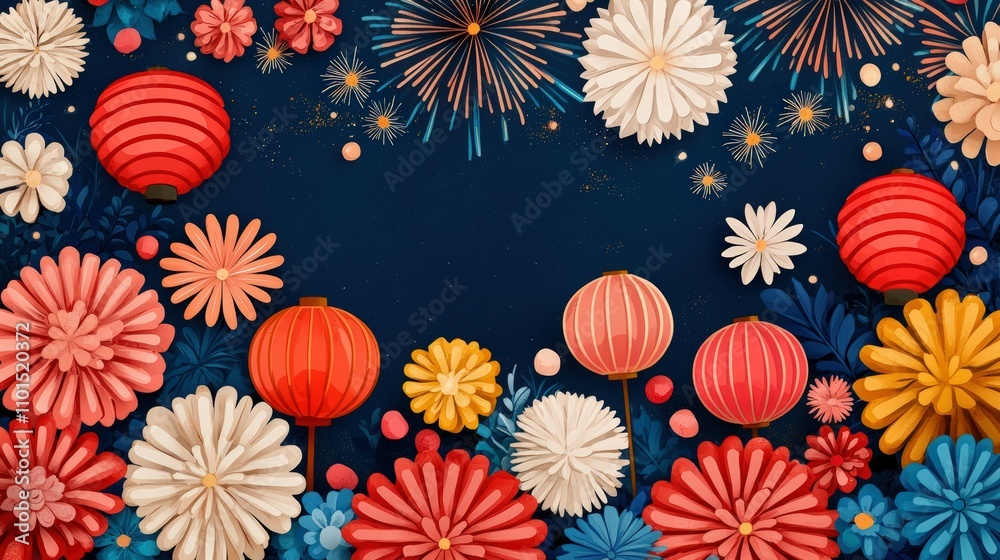 Colorful Lanterns and Flowers Create a Festive Background for Celebrations and Events in a Vibrant Style