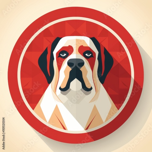 Stylized Illustration of a Saint Bernard Dog in a Geometric Design Featuring Bold Colors and a Retro Circle Background for Pet Lovers and Animal Enthusiasts photo