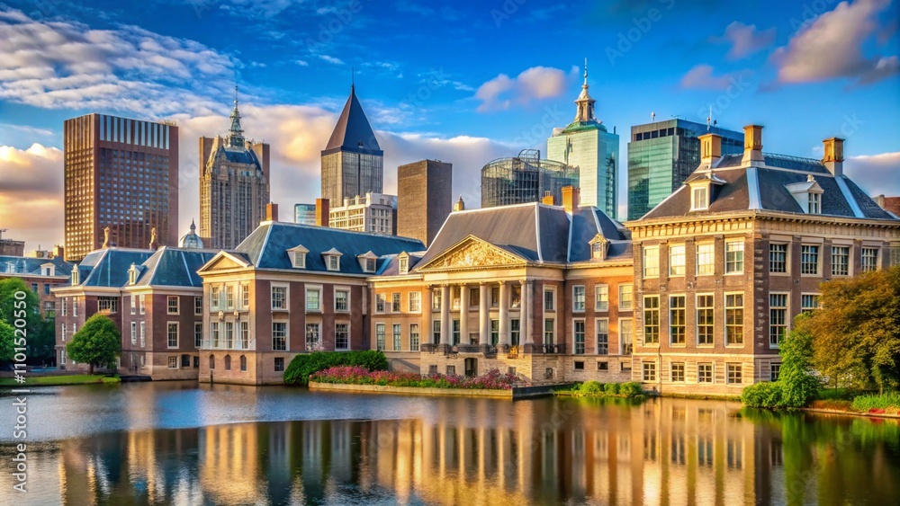 Obraz premium Mauritshuis museum and parliament building in The Hague. Office buildings and skyscrapers in the background.