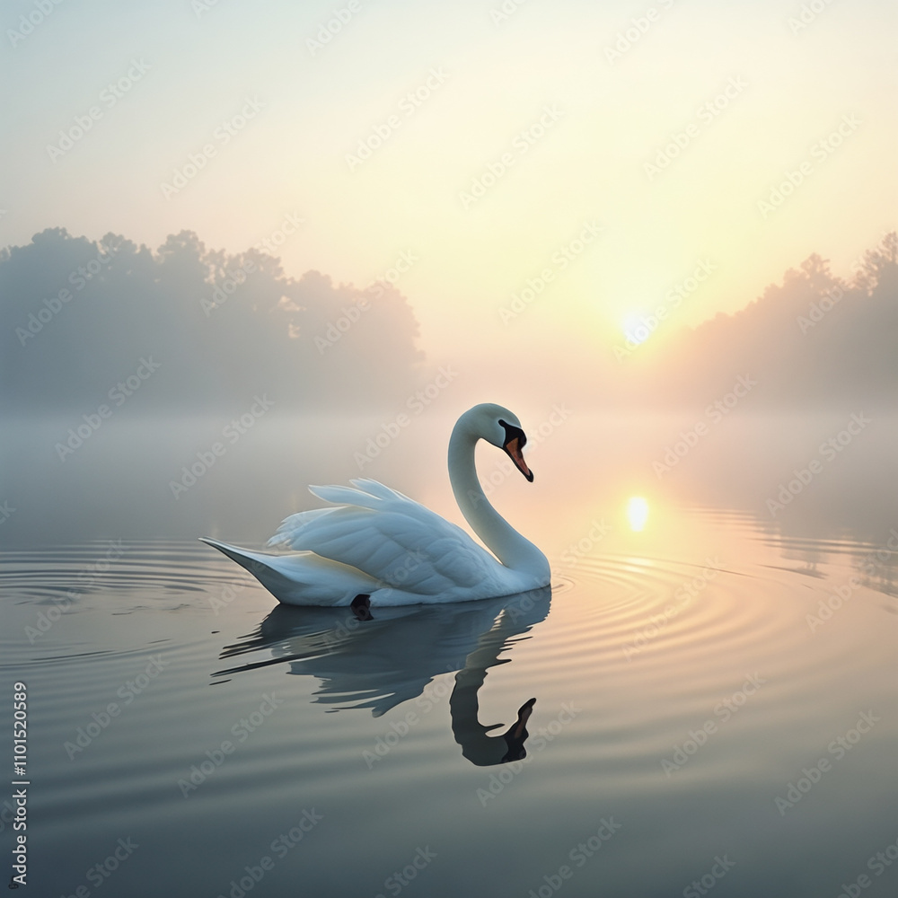Obraz premium Swan is swimming in a lake at sunrise