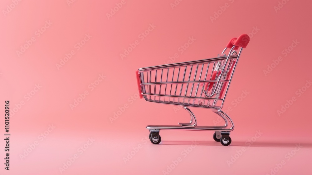 Shopping cart with red accents on minimalist pink background Shopping cart with red accents on minimalist pink background