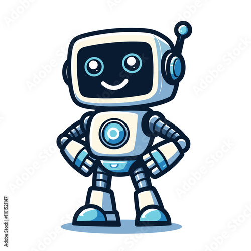 cartoon mascot robot character with futuristic technology illustration, isolated white background, toy-like design