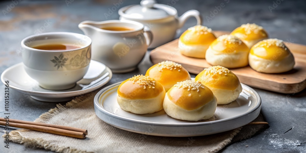 Indulge in Golden Salted Egg Yolk Buns with Creamy Custard, Perfectly Paired with Warm Tea for a Minimalist Culinary Experience Indulge in Golden Salted Egg Yolk Buns with Creamy Custard, Perfectly Paired with Warm Tea for a Minimalist Culinary Experience