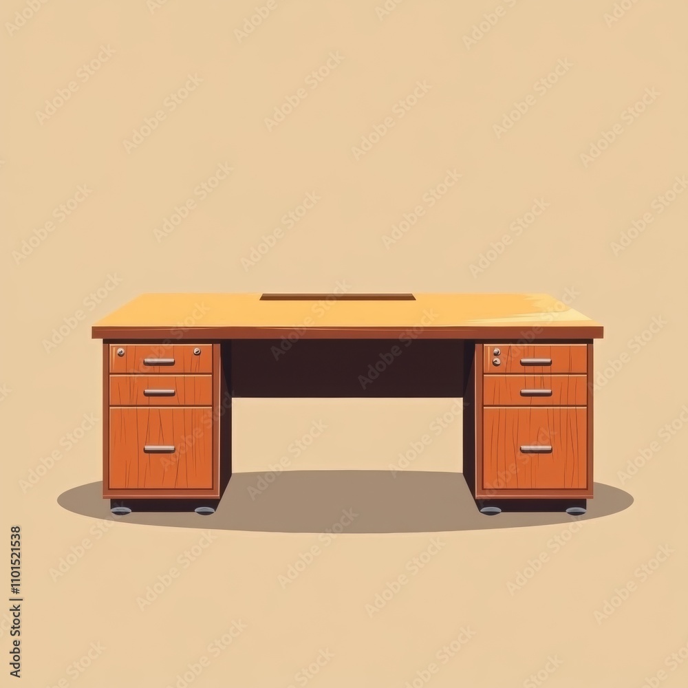 Modern office desk with wood finish and wheels, featuring multiple drawers for storage, set against a minimalist background in warm tones showcasing workspace organization Modern office desk with wood finish and wheels, featuring multiple drawers for storage, set against a minimalist background in warm tones showcasing workspace organization