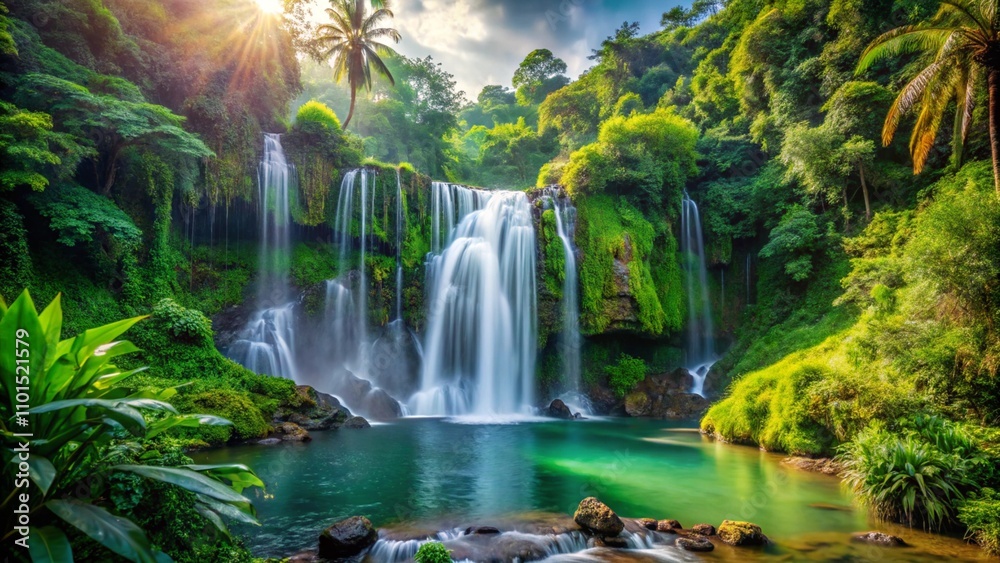 Scenic view of a waterfall in a tropical rainforest Scenic view of a waterfall in a tropical rainforest