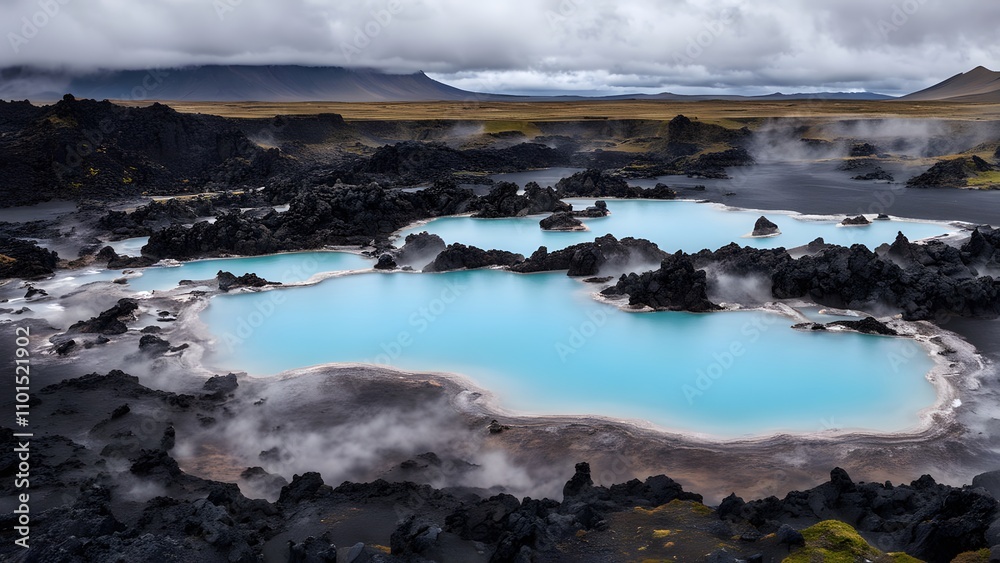 Obraz premium Blue lagoons and geothermal pools surrounded by volcanic rocks in iceland, Ai Generated