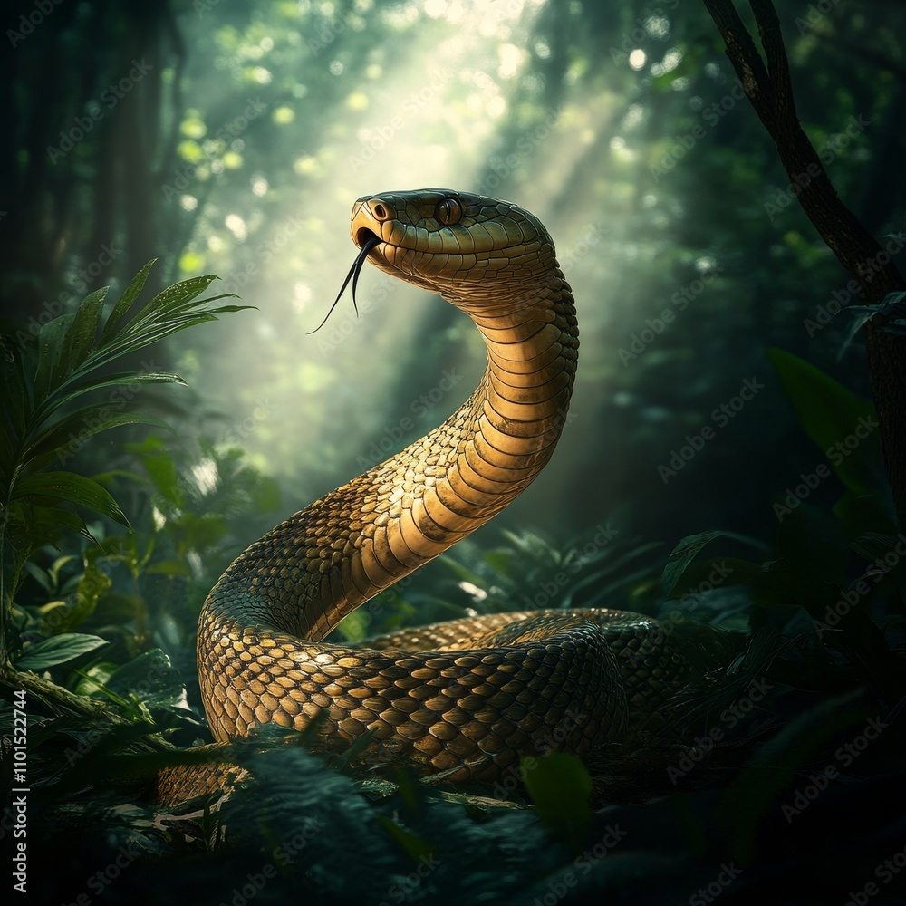Fototapeta premium majestic cobra rises against misty forest backdrop scales gleaming in ethereal sunlight filtering through canopy while forked tongue flickers sensing surroundings