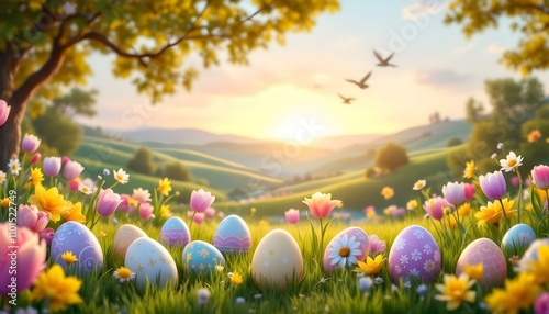 Easter egg hunt in spring meadow with colorful eggs and blooming flowers