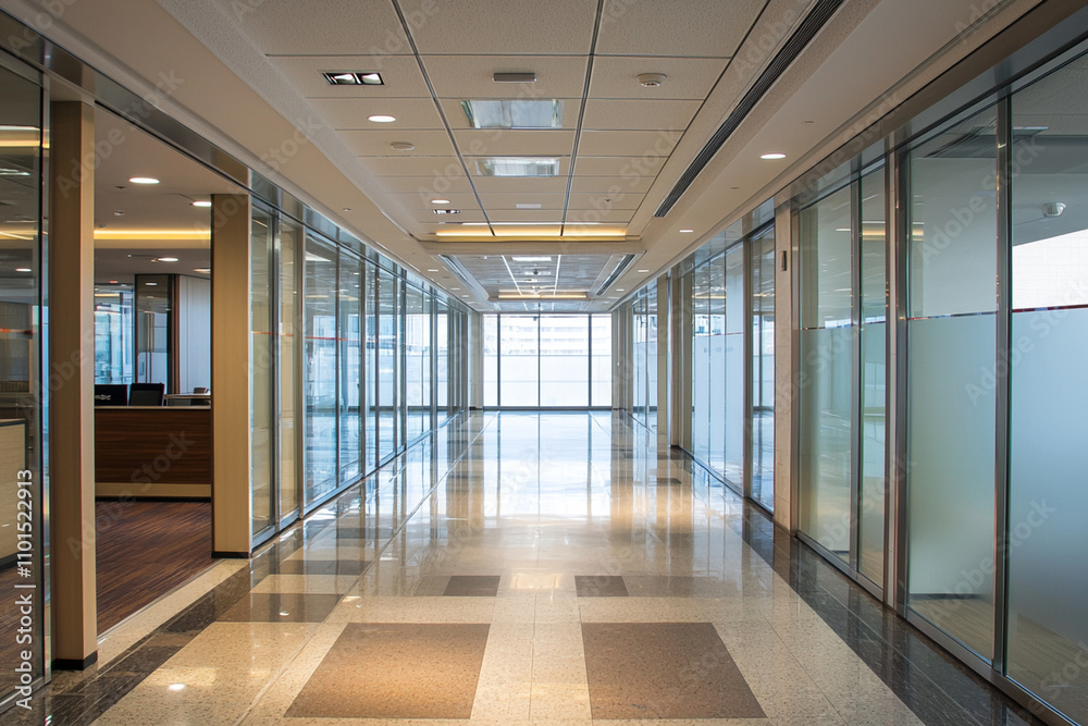 Modern office hallway with glass walls and polished floors Modern office hallway with glass walls and polished floors