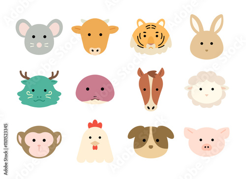 Asian new year zodiac animal character illustration set. Cute cartoon style flat vector drawing on white background. 