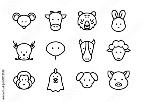 Asian new year zodiac animal character icons set. Cute cartoon style outlined vector icons on white background. 