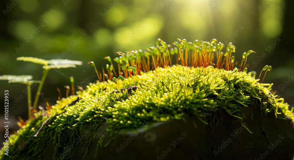 Naklejka premium Sunlit Moss and Sprouting Plants on Forest Rock - Vibrant Nature Photography