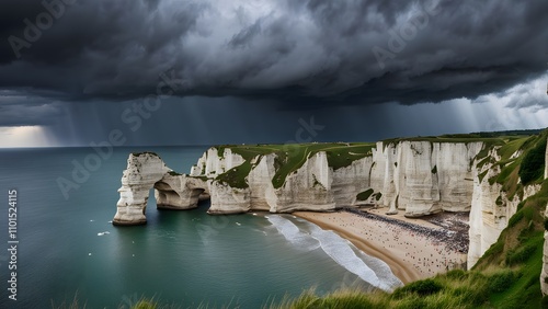 Dramatic storm clouds over the cliffs of tretat france with natural rock arches, AI Generated photo