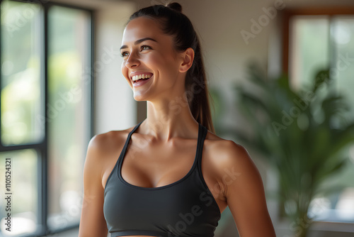 Free Download Happy young Latin woman yoga coach laughing standing in yoga gym studio. Smiling fit Hispanic lady in her 30s advertising yoga classes. Sporty healthy female trainer wearing sportswear looking away. - GFXLoad