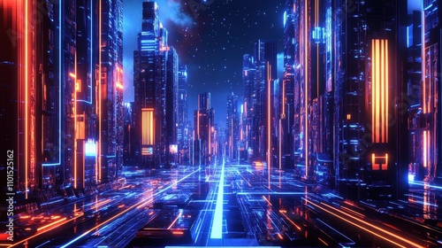 A futuristic cityscape with neon lights and towering structures, evoking a sci-fi atmosphere.