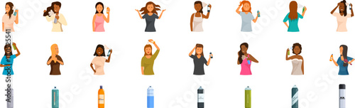 Dry shampoo icons set. Diverse women using various hair products like hairspray, mousse, and oil to style their hair, achieving a perfect look