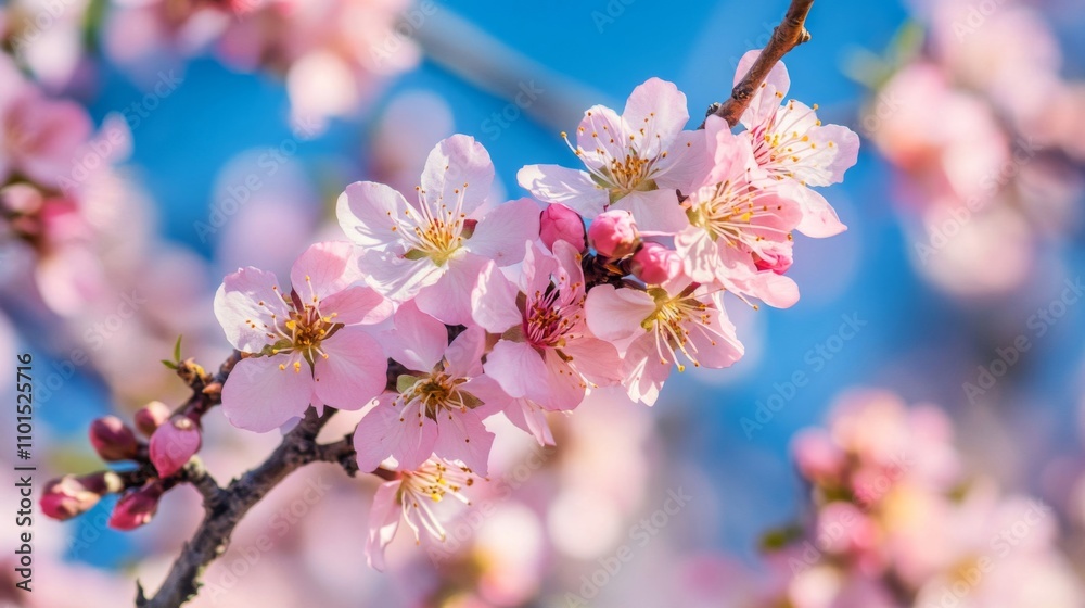 Delicate Pink Blossoms on a Branch Against a Blue Sky Delicate Pink Blossoms on a Branch Against a Blue Sky