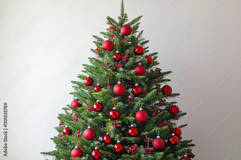Festive Christmas tree decorated with red ornaments and greenery